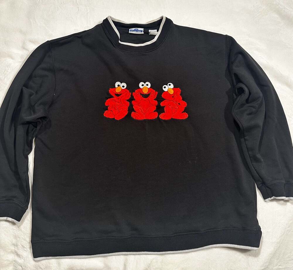 Vintage Sesame Street Elmo Triple Embroidered Black Sweatshirt Size XL